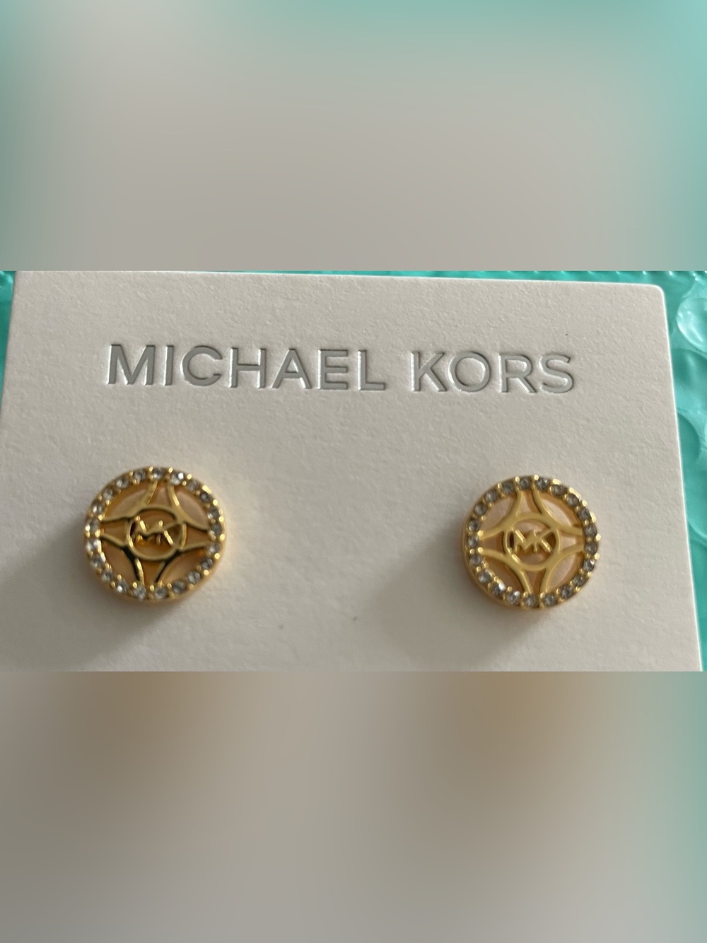 Michael Kors Gold Crystal-Trim MK Circle Stud Earrings